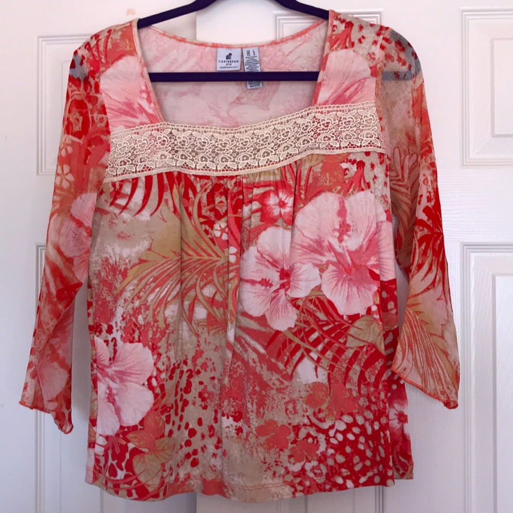 Caribbean Joe Ladies top peach tan 3/4 sleeve good